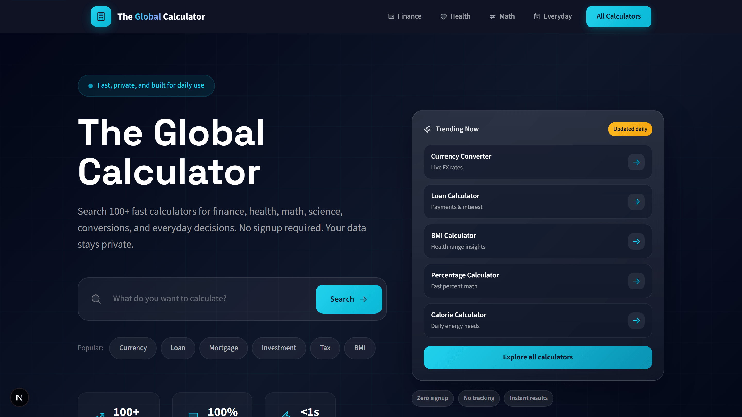 TheGlobalCalculator homepage showing popular and trending calculator categories